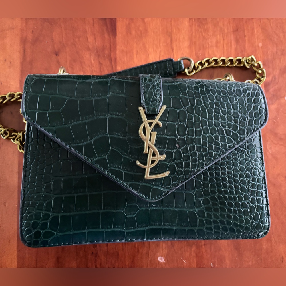 Yves Saint Laurent Forest Green Croc-Embossed Clutch